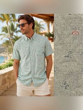 Columbia Mint Green Tropical Print Button Down Shirt XL Short Sleeve Vacation
